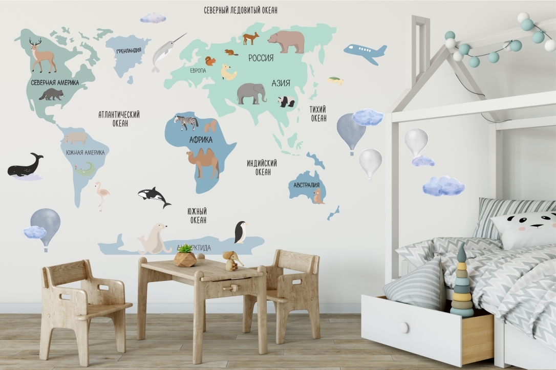 Печать интерьерных наклеек карта мира