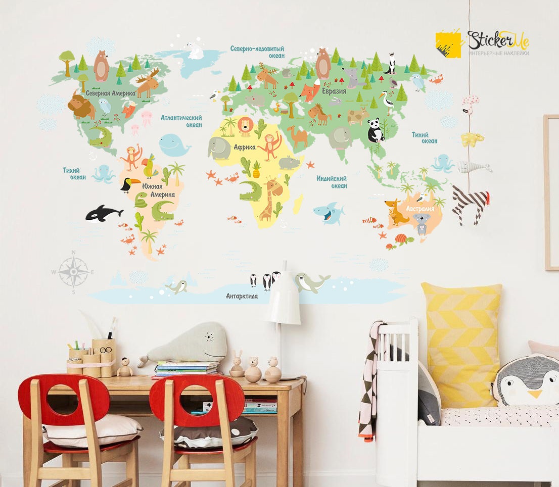 Печать интерьерных наклеек карта мира